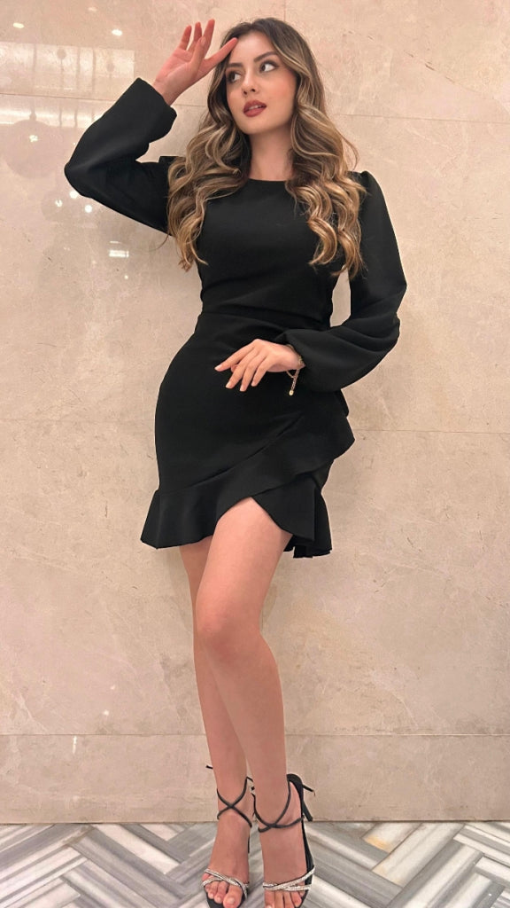 Rochie de damă din crep importat, cu mânecă lungă, guler rotund și volane în față, 31641