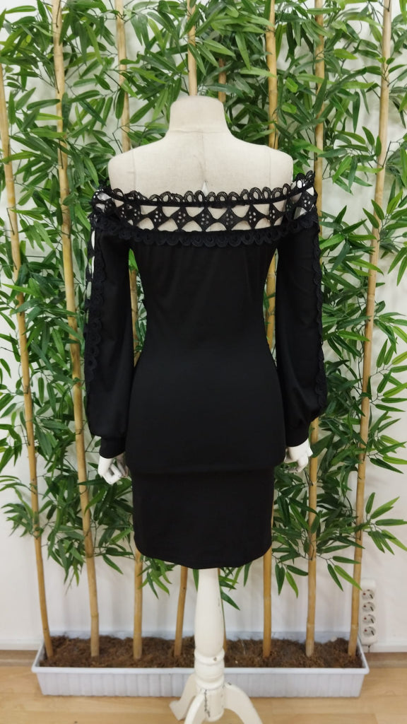 Rochie de damă din fleece periat, cu mânecă lungă, decolteu Madonna, guler fără mâneci, talie, detalii din dantelă, 27899