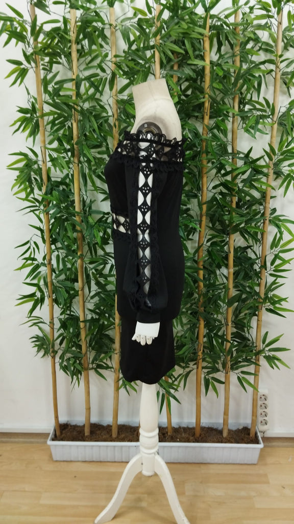 Rochie de damă din fleece periat, cu mânecă lungă, decolteu Madonna, guler fără mâneci, talie, detalii din dantelă, 27899