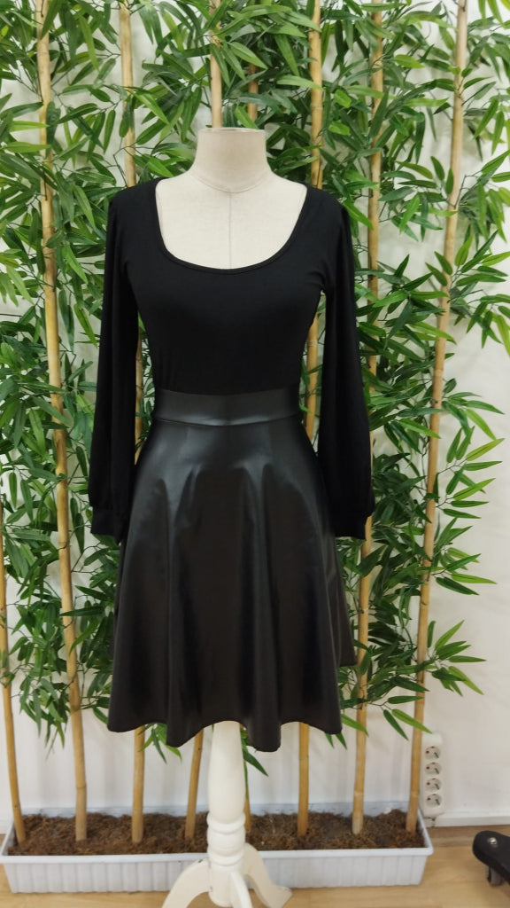 Rochie mini pentru femei cu mânecă lungă, decolteu pătrat, cu partea de sus din viscoză și partea de jos din piele, 32931