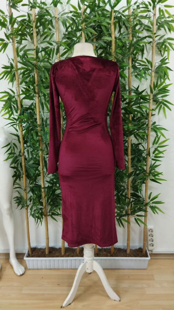 Rochie din velur midi cu guler încrucișat, mâneci lungi și fronseu la talie, pentru femei, 27720