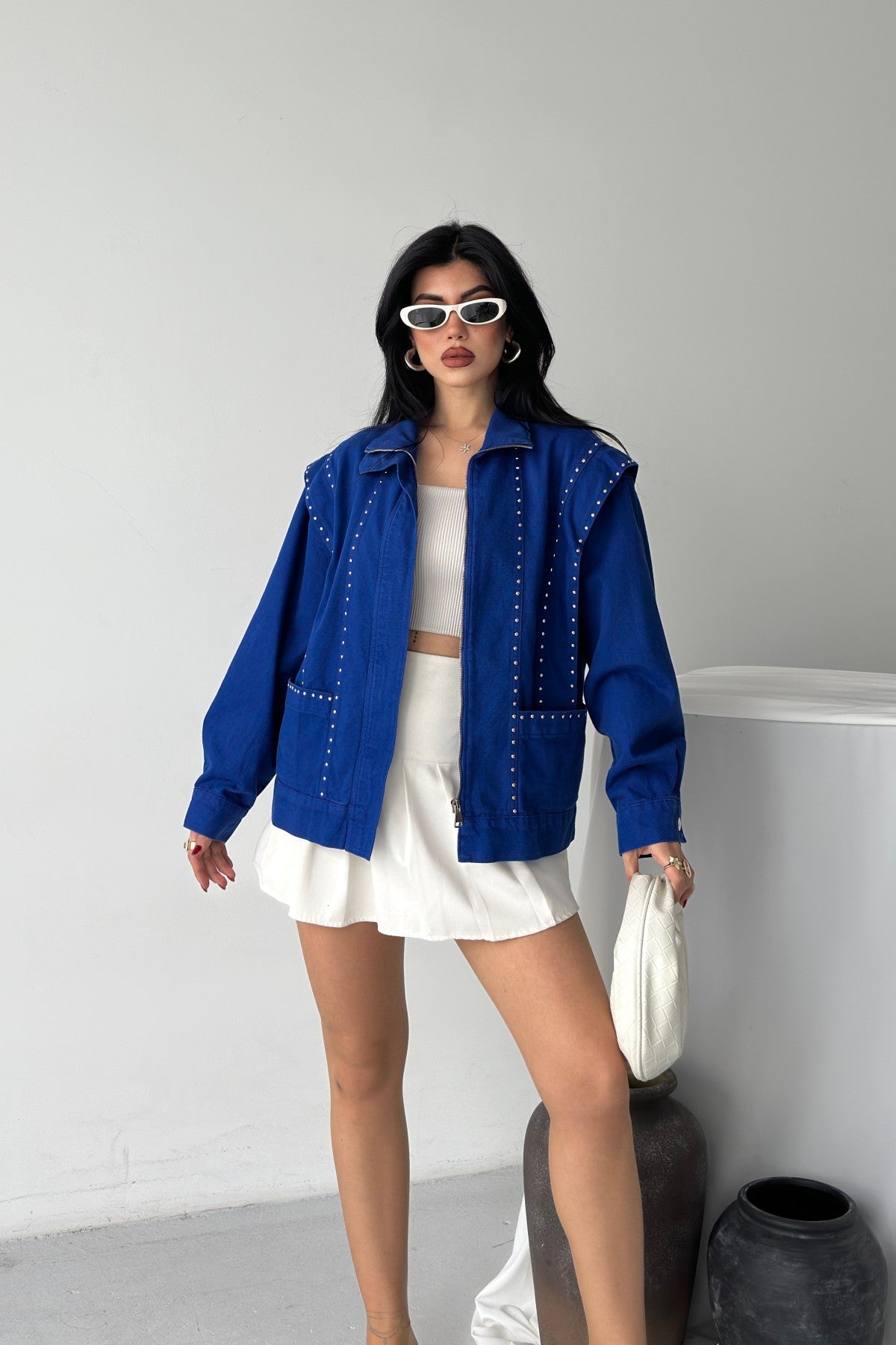 Jachetă Denim Detaliu cu Fermoar 6253