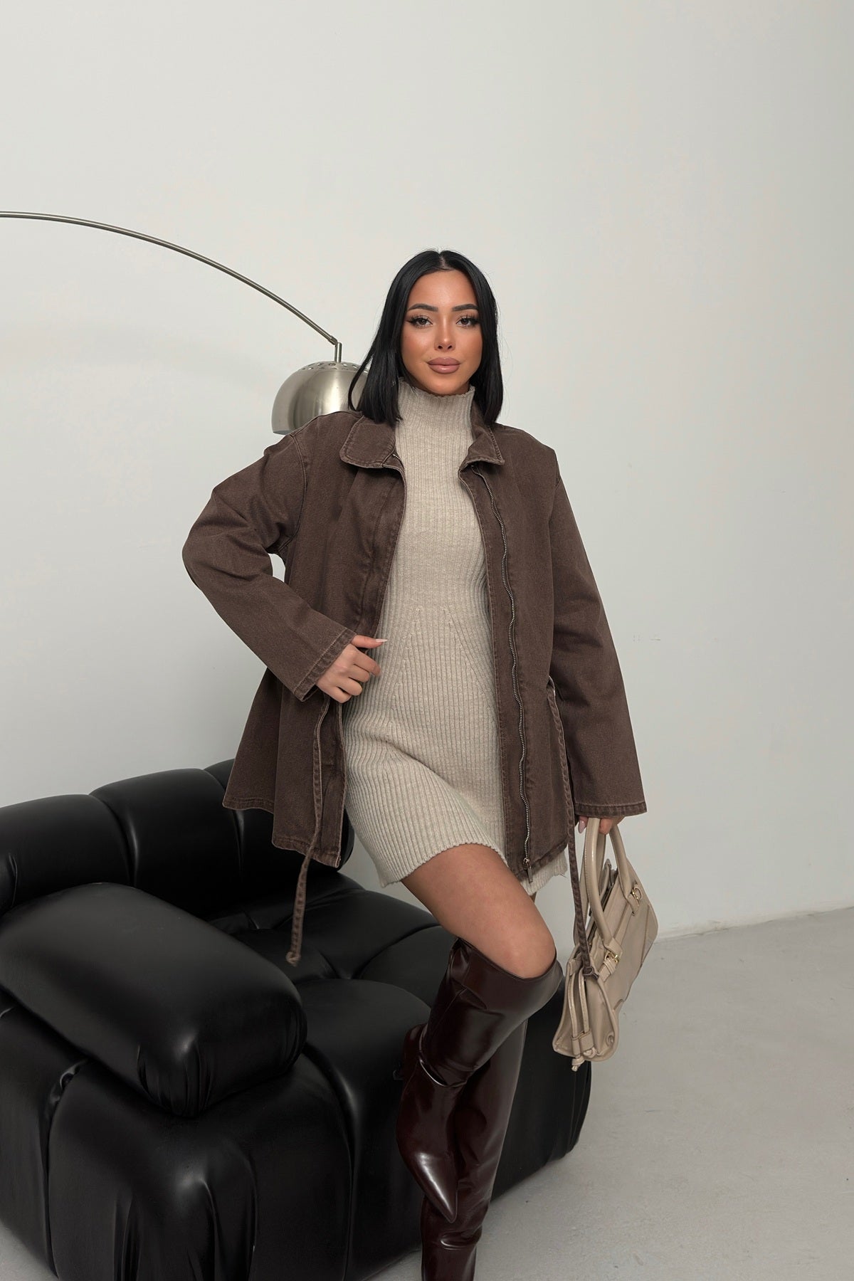 Jachetă Denim cu Detalii de Fronceu la Talie 6145