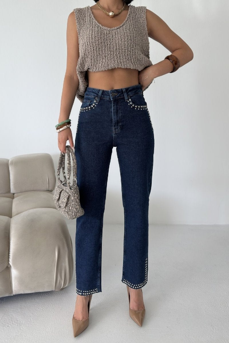 Pantalon Denim Mom Fit cu Pietre 7023