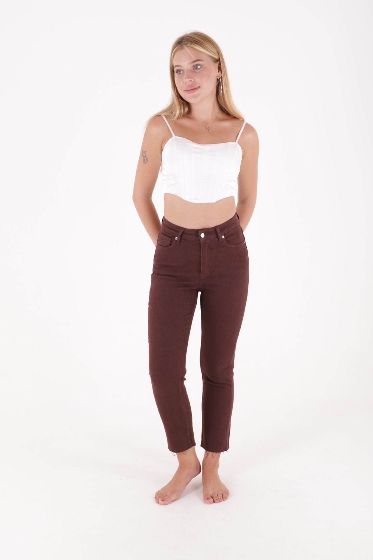 Pantaloni Denim Mom Fit cu Crac fara Cusaturi 764