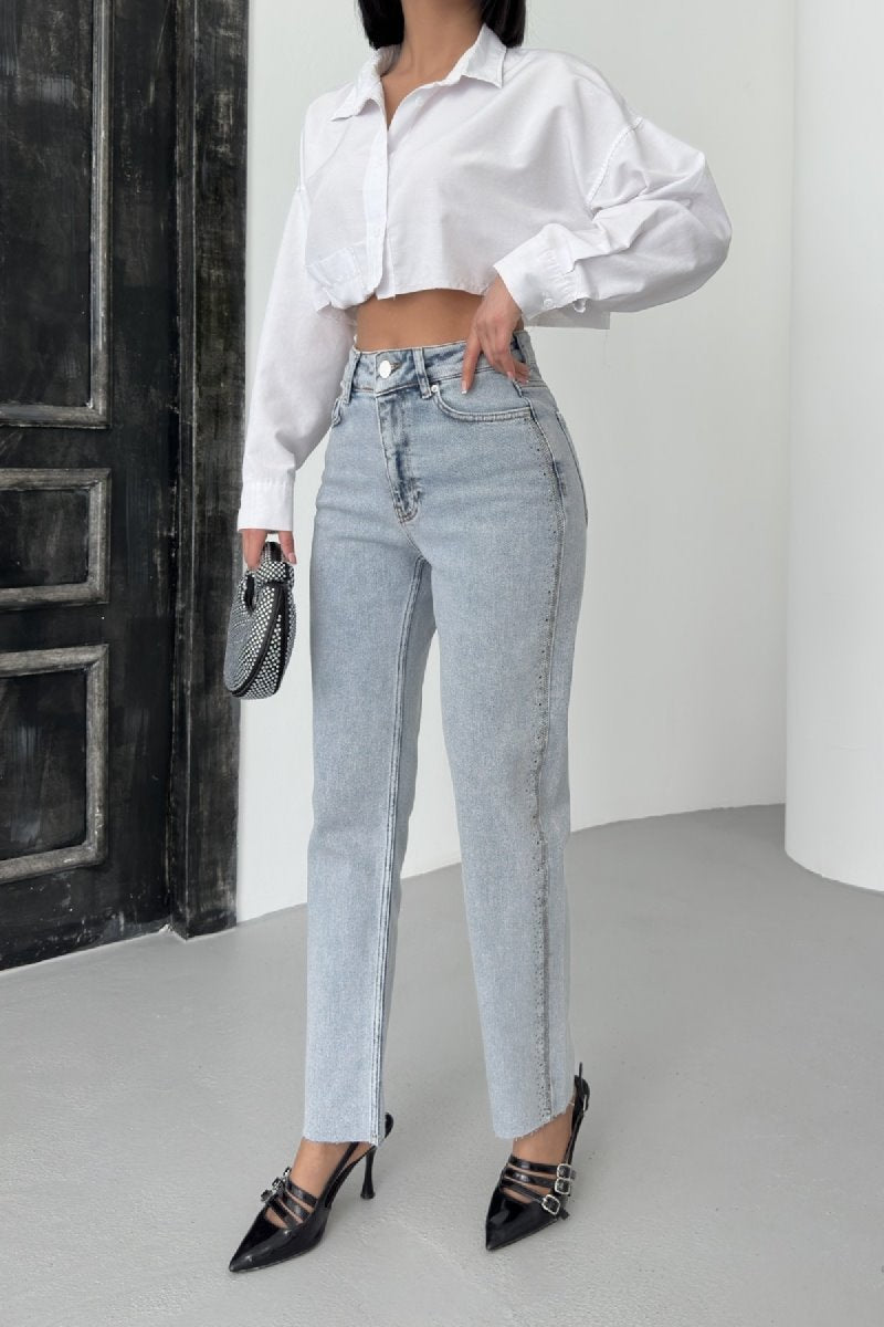Pantalon Denim Mom Fit cu Banda Pietre 7110