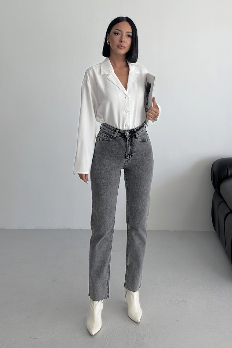 Pantaloni Denim Mom Fit cu Crac fara Cusaturi 764