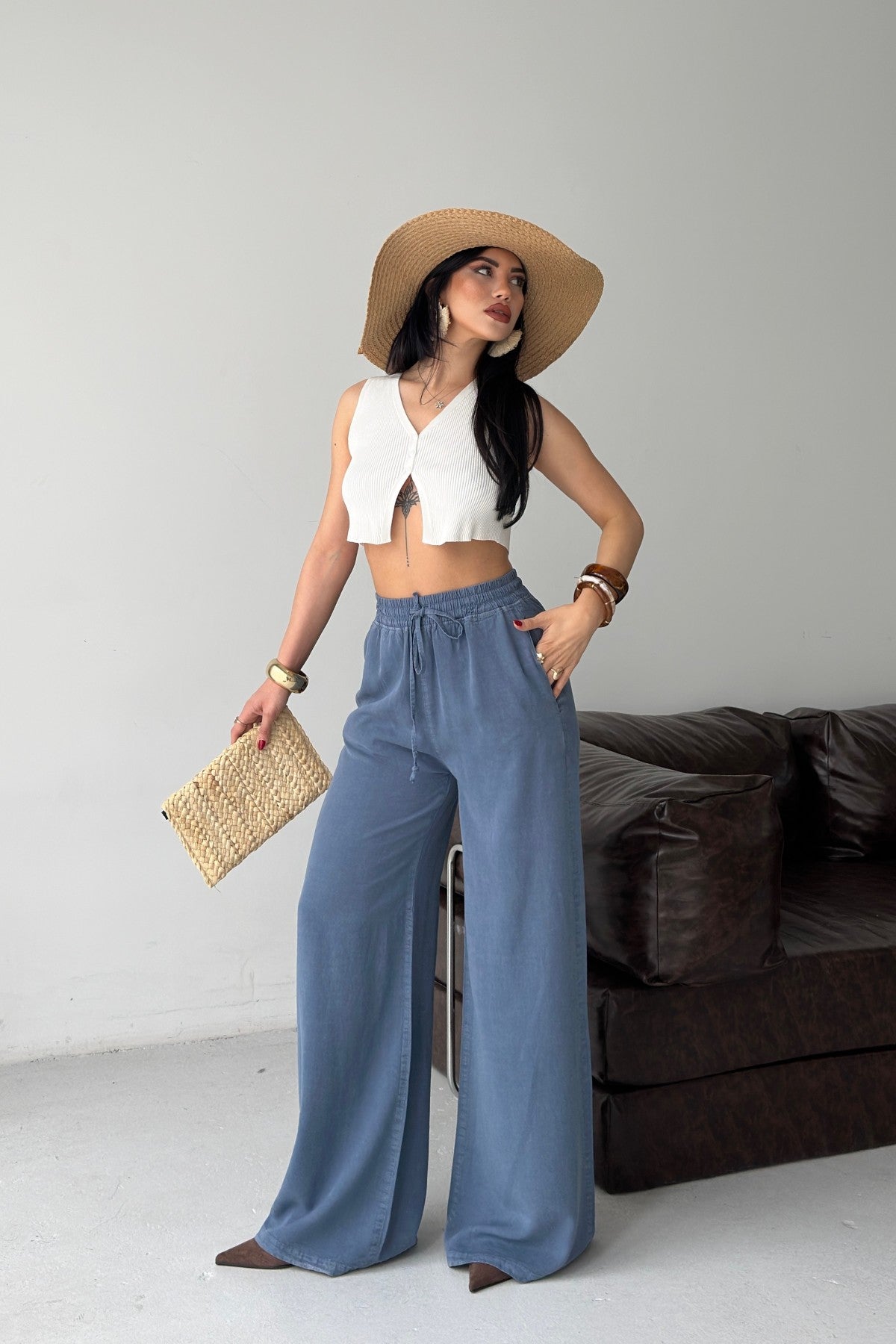 Pantaloni Palazzo cu Talie Elastica HS708