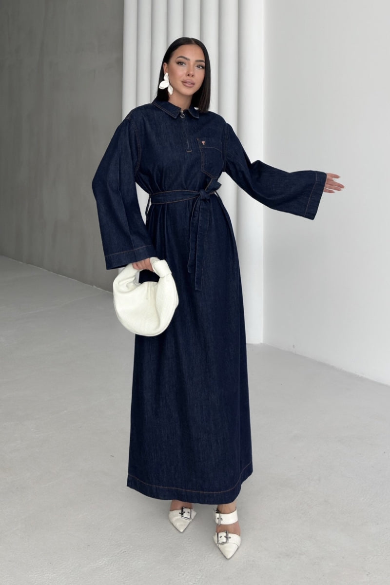 Rochie Denim Lunga cu Curea 3035