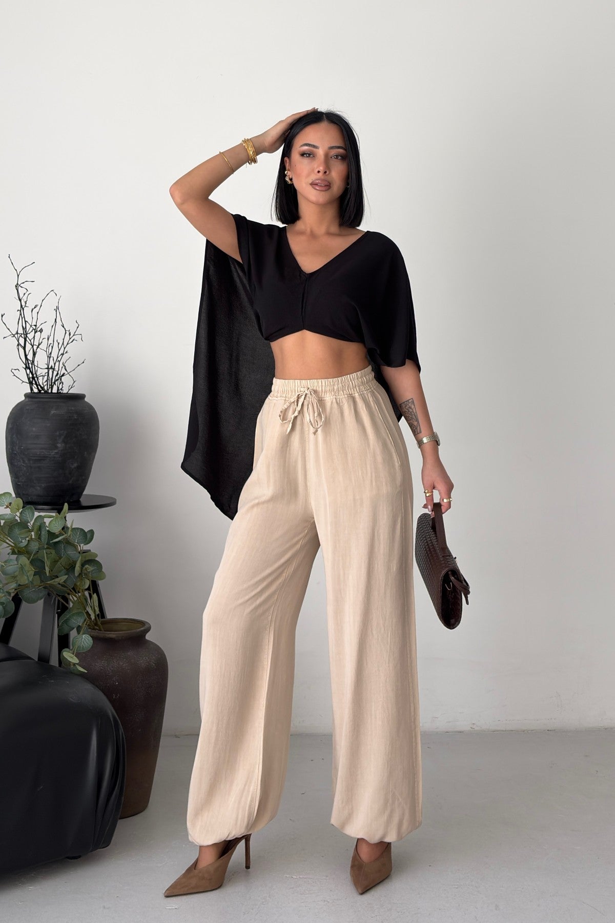 Pantaloni cu Talie si Crac Elastici HS720