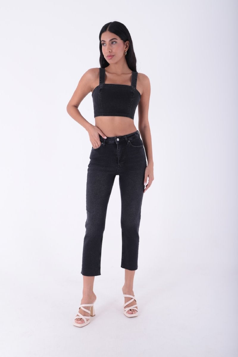 Pantaloni Denim Mom Fit cu Crac fara Cusaturi 764