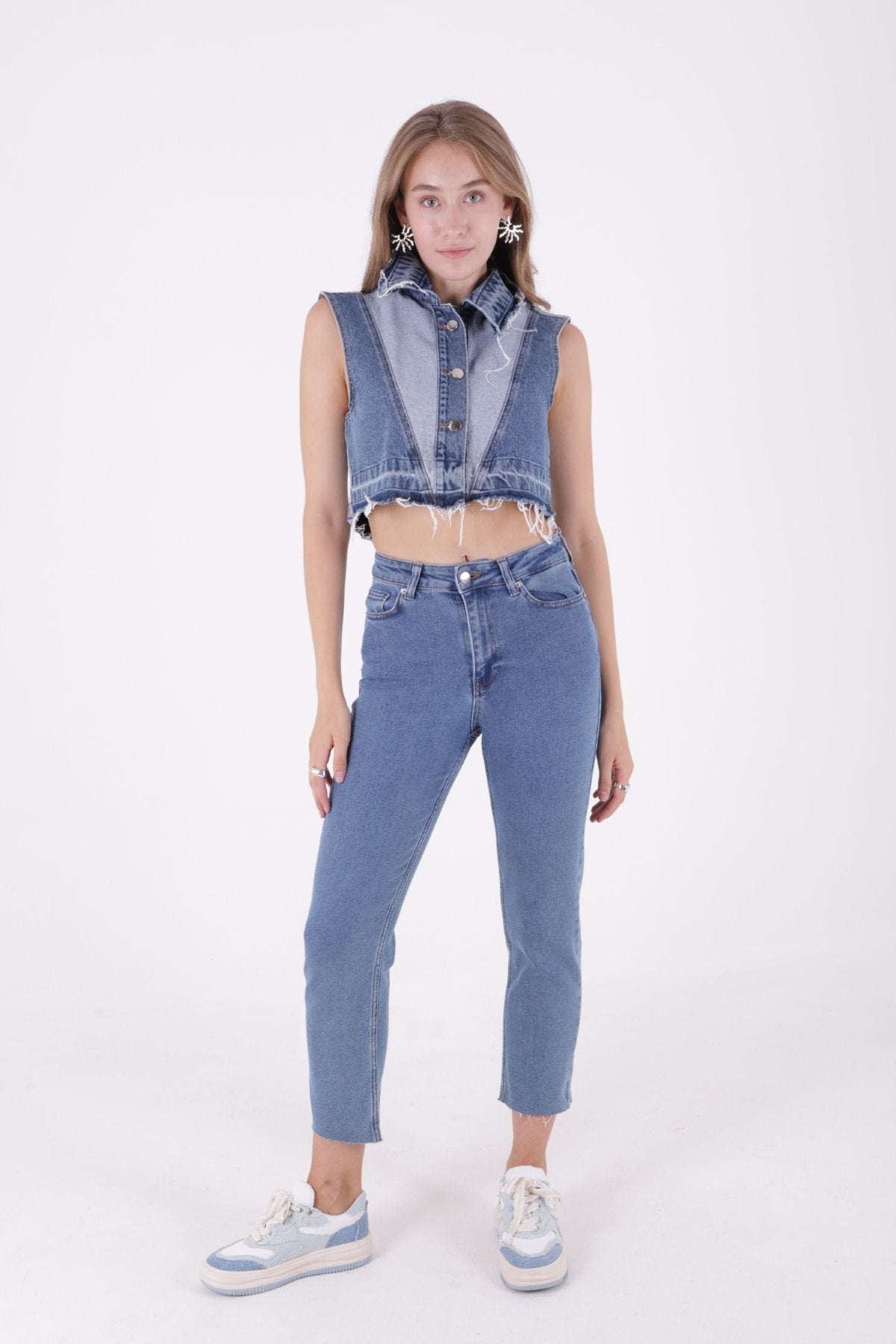 Pantaloni Denim Mom Fit cu Crac fara Cusaturi 764