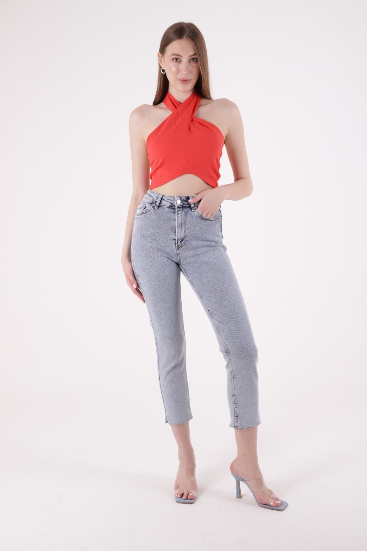 Pantaloni Denim Mom Fit cu Crac fara Cusaturi 764