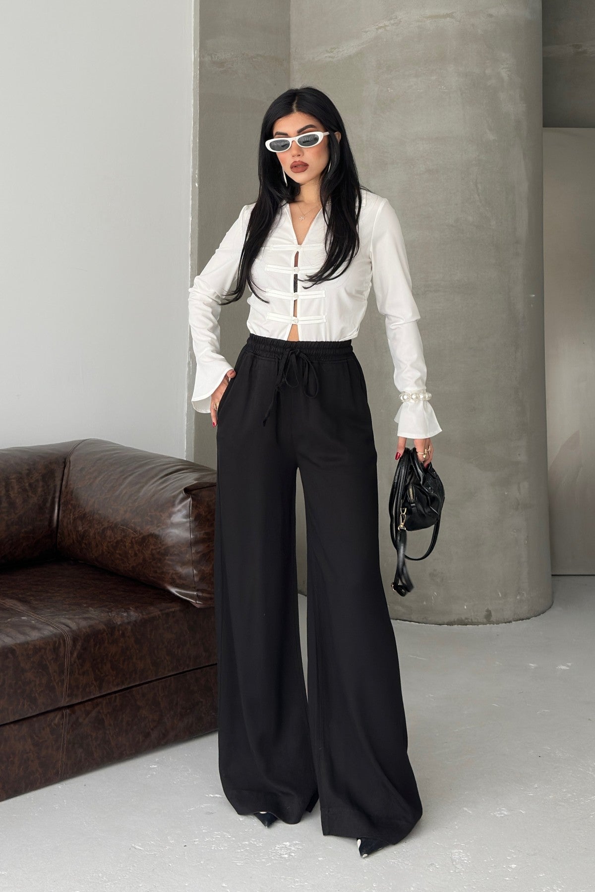 Pantaloni Palazzo cu Talie Elastică 7150