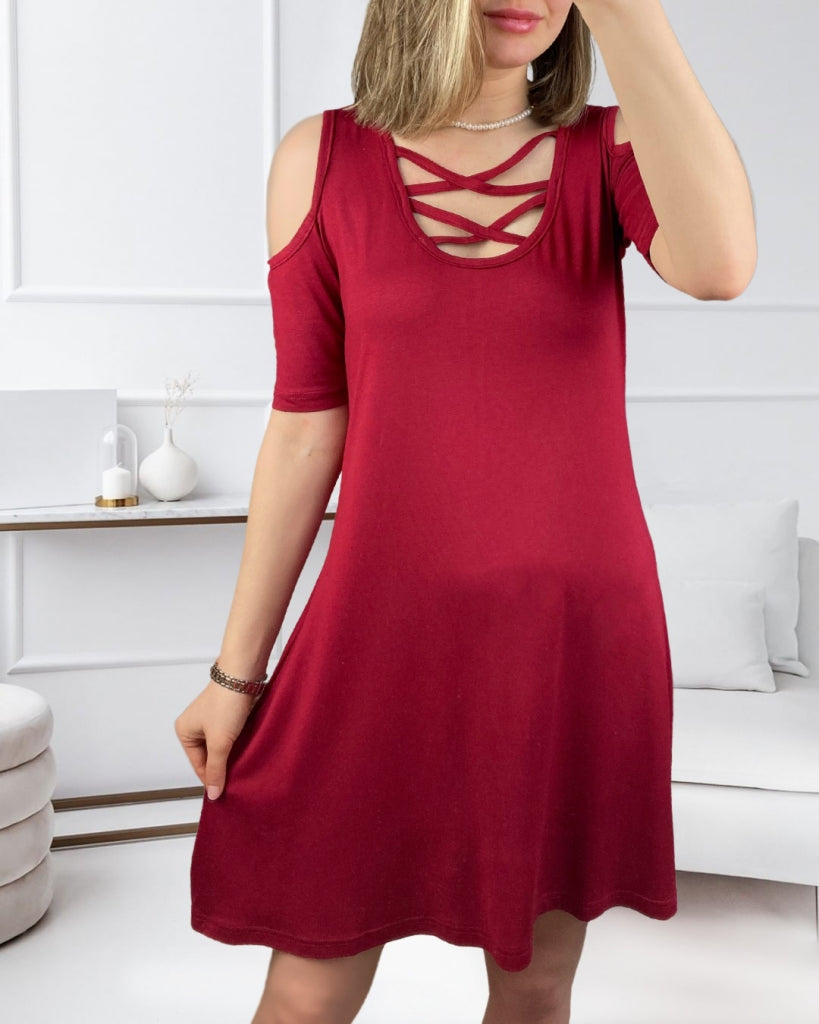 Dekolteli Bağcık Detay Viskon Kumaş Elbise, 6336