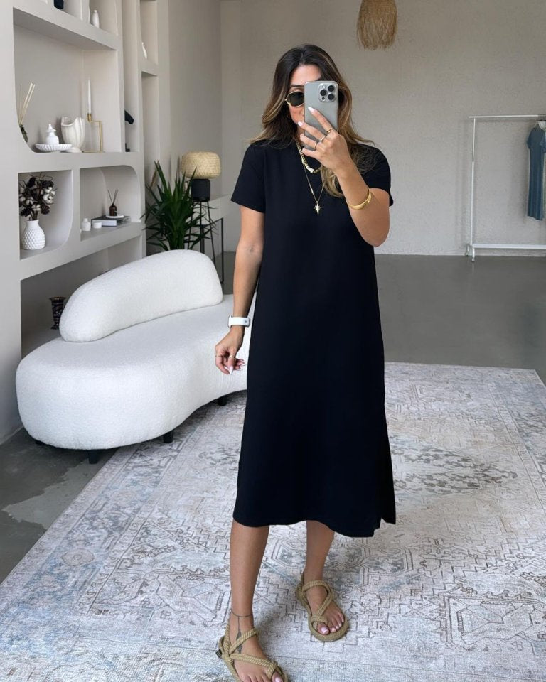 Women's Loose-fitting Viscose Dress with Slit Detail, Short Sleeve, 32713