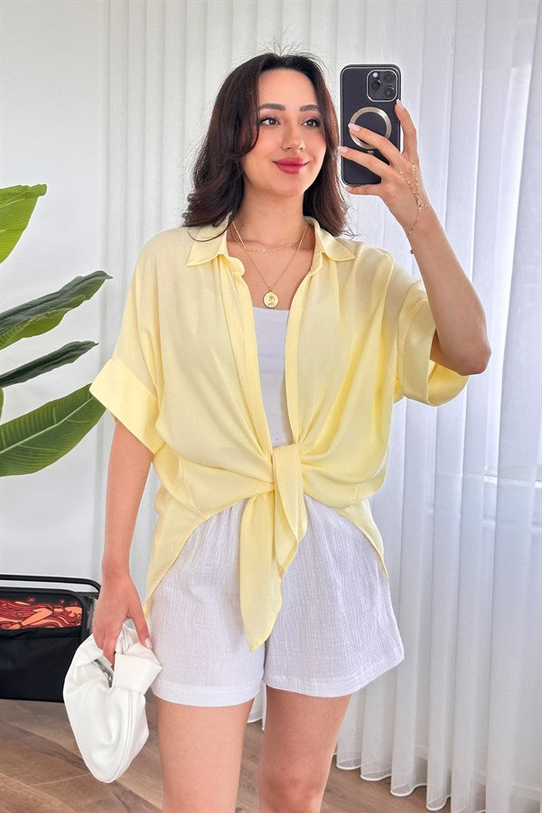 Bluza Kimono de Toptan Galbenă Basic cu Mânecă Scurtă