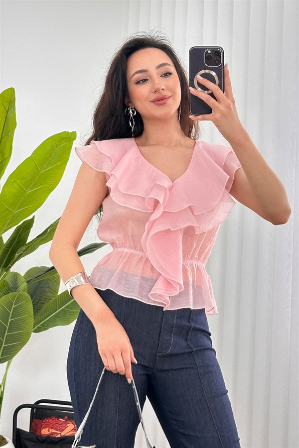 Bluza de Toptan Roz cu Talie Elastic și Franje