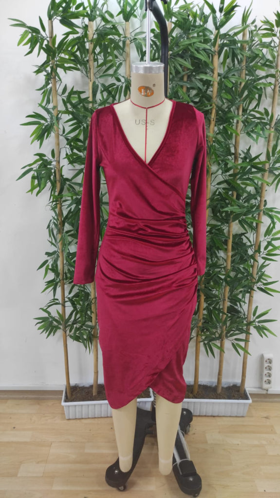 Rochie din velur midi cu guler încrucișat, mâneci lungi și fronseu la talie, pentru femei, 27721
