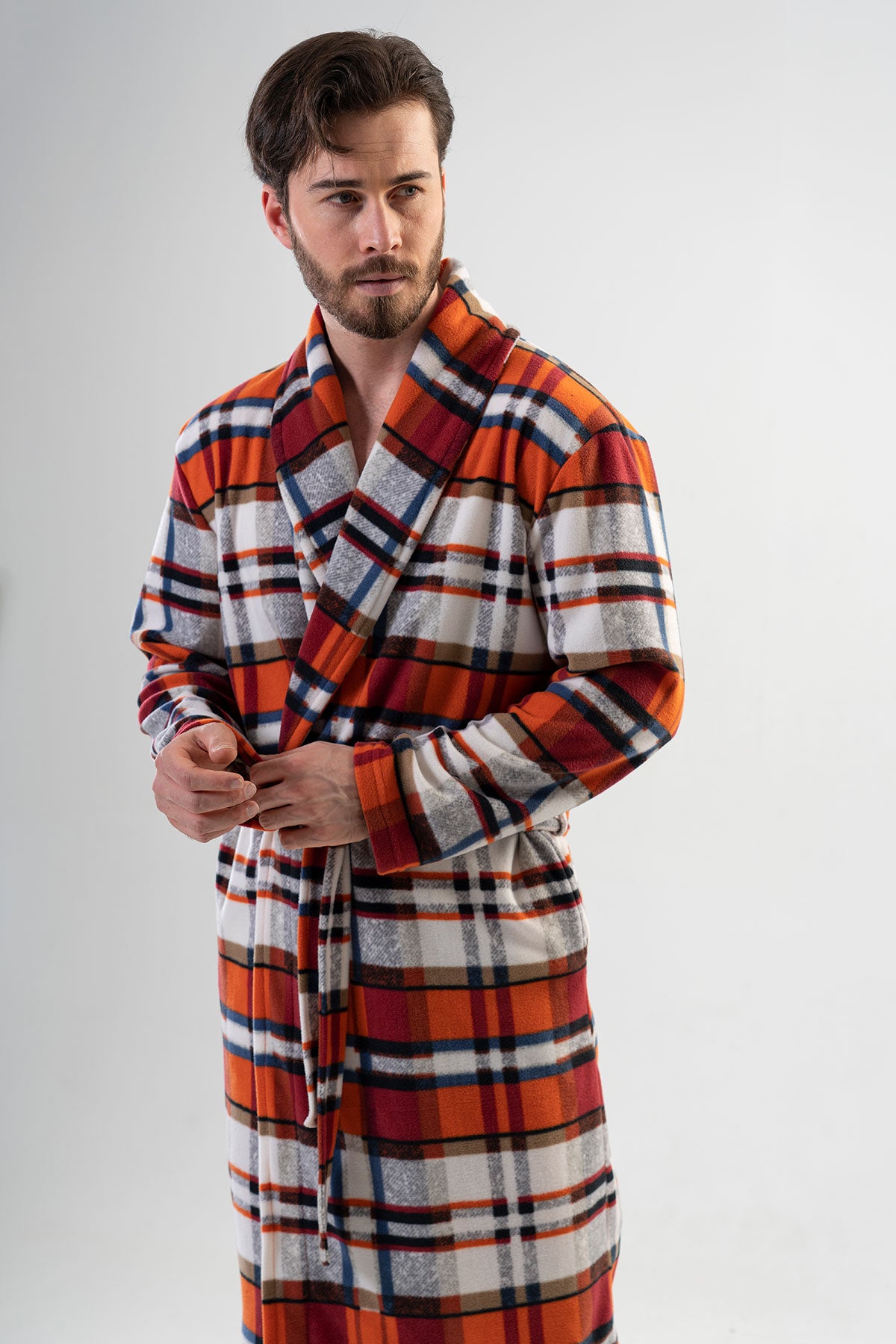 HALAT LUNG DE BAIE PENTRU BĂRBAȚI DIN FLEECE, CU GULER ȘAL, MÂNECĂ LUNGĂ, CU BUZUNARE LUNGI - SOMON
