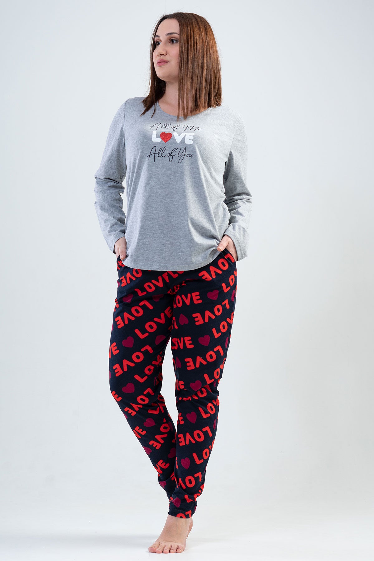 Pijama de damă cu gât rotund, mânecă lungă, tiv oval și buzunare, model SUPREM XXL - GRI MELANGE