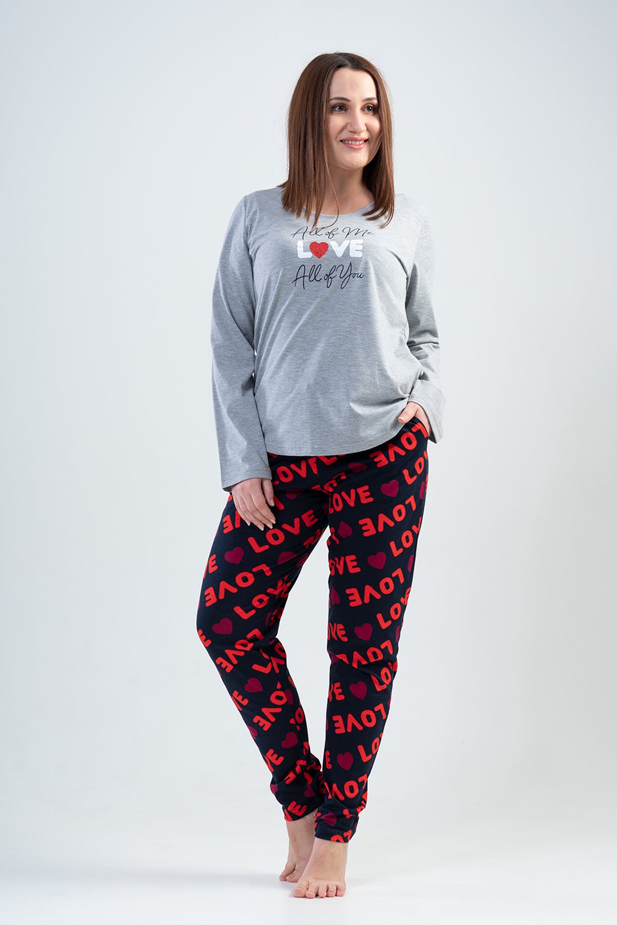 Pijama de damă cu gât rotund, mânecă lungă, tiv oval și buzunare, model SUPREM XXL - GRI MELANGE
