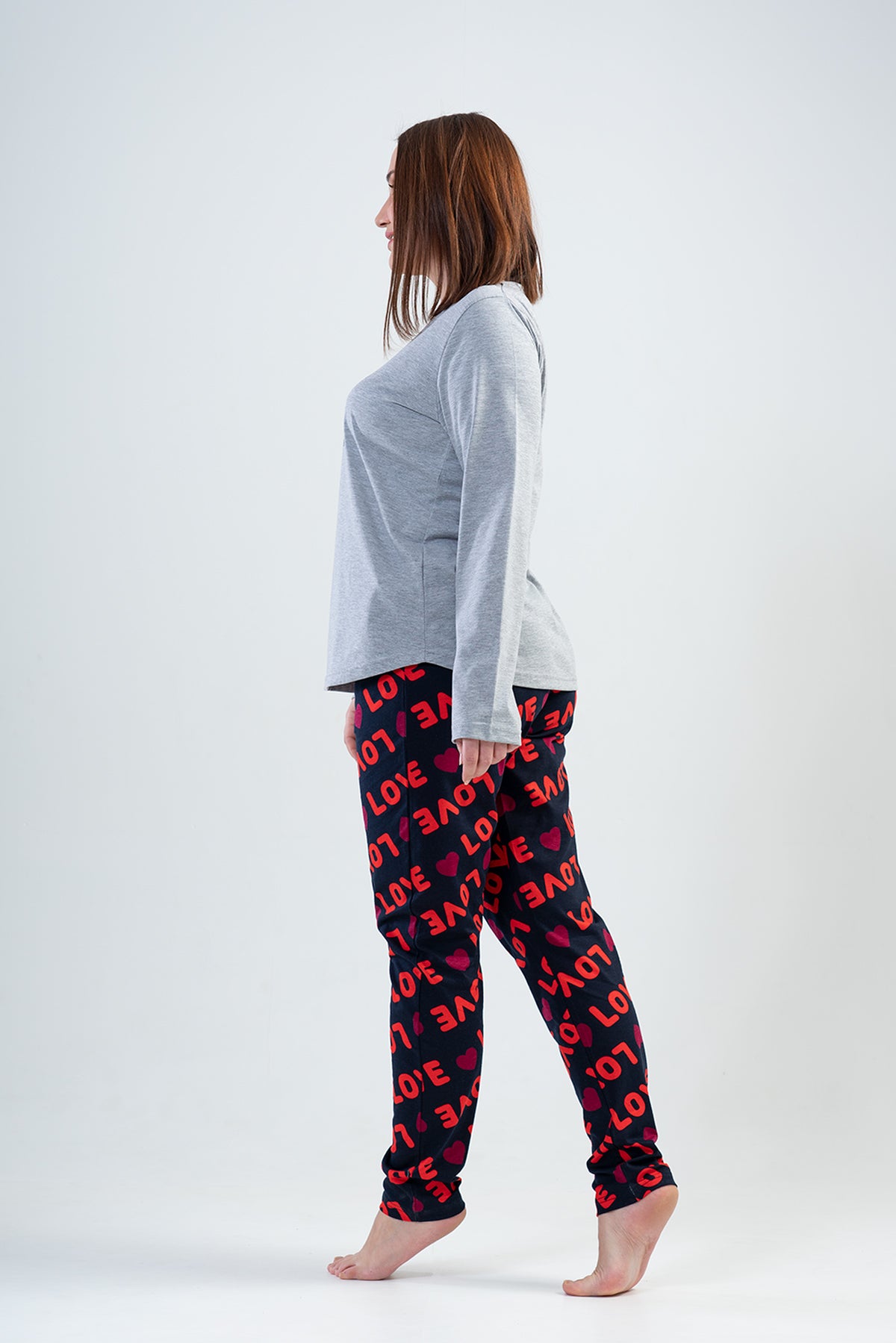 Pijama de damă cu gât rotund, mânecă lungă, tiv oval și buzunare, model SUPREM XXL - GRI MELANGE