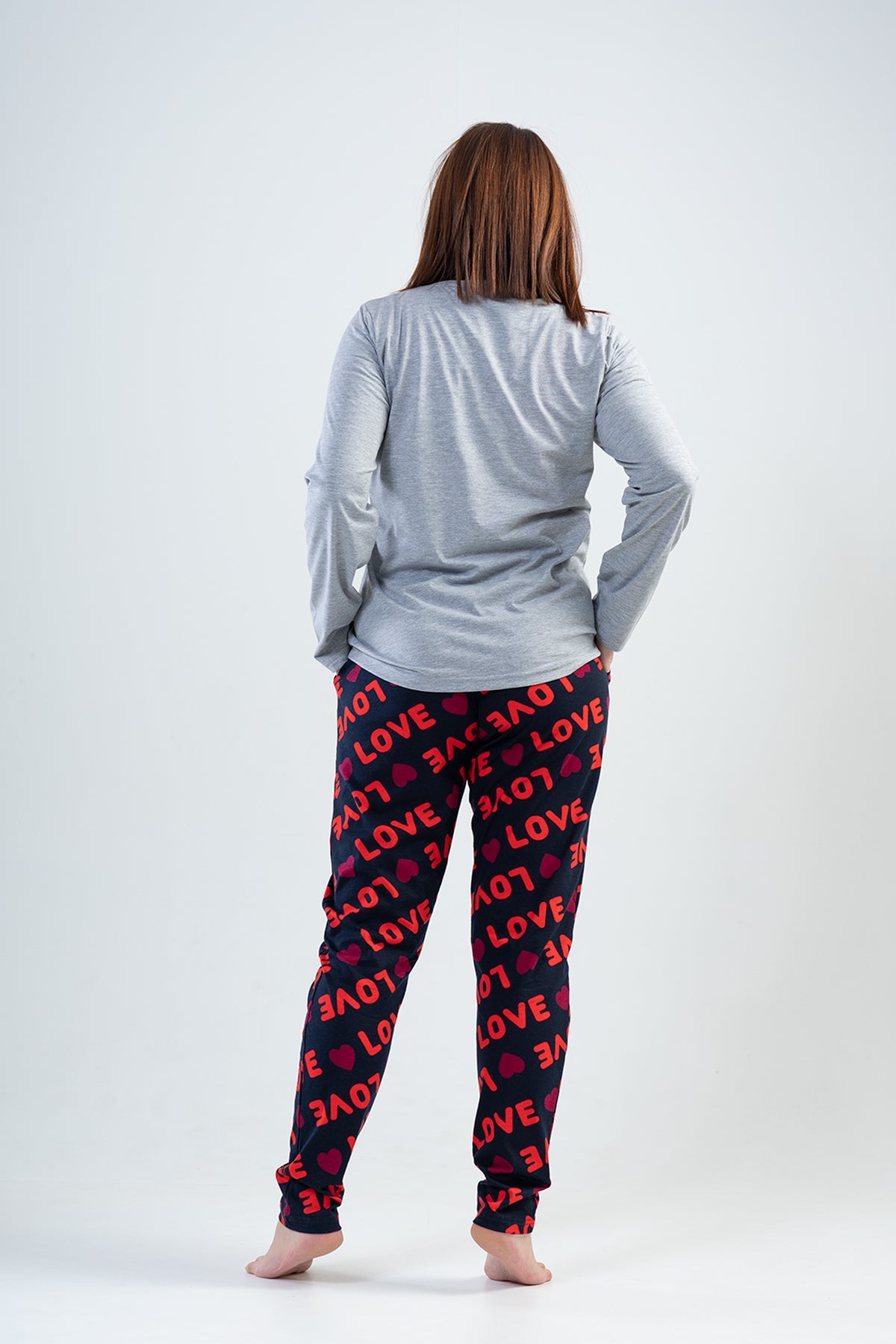 Pijama de damă cu gât rotund, mânecă lungă, tiv oval și buzunare, model SUPREM XXL - GRI MELANGE