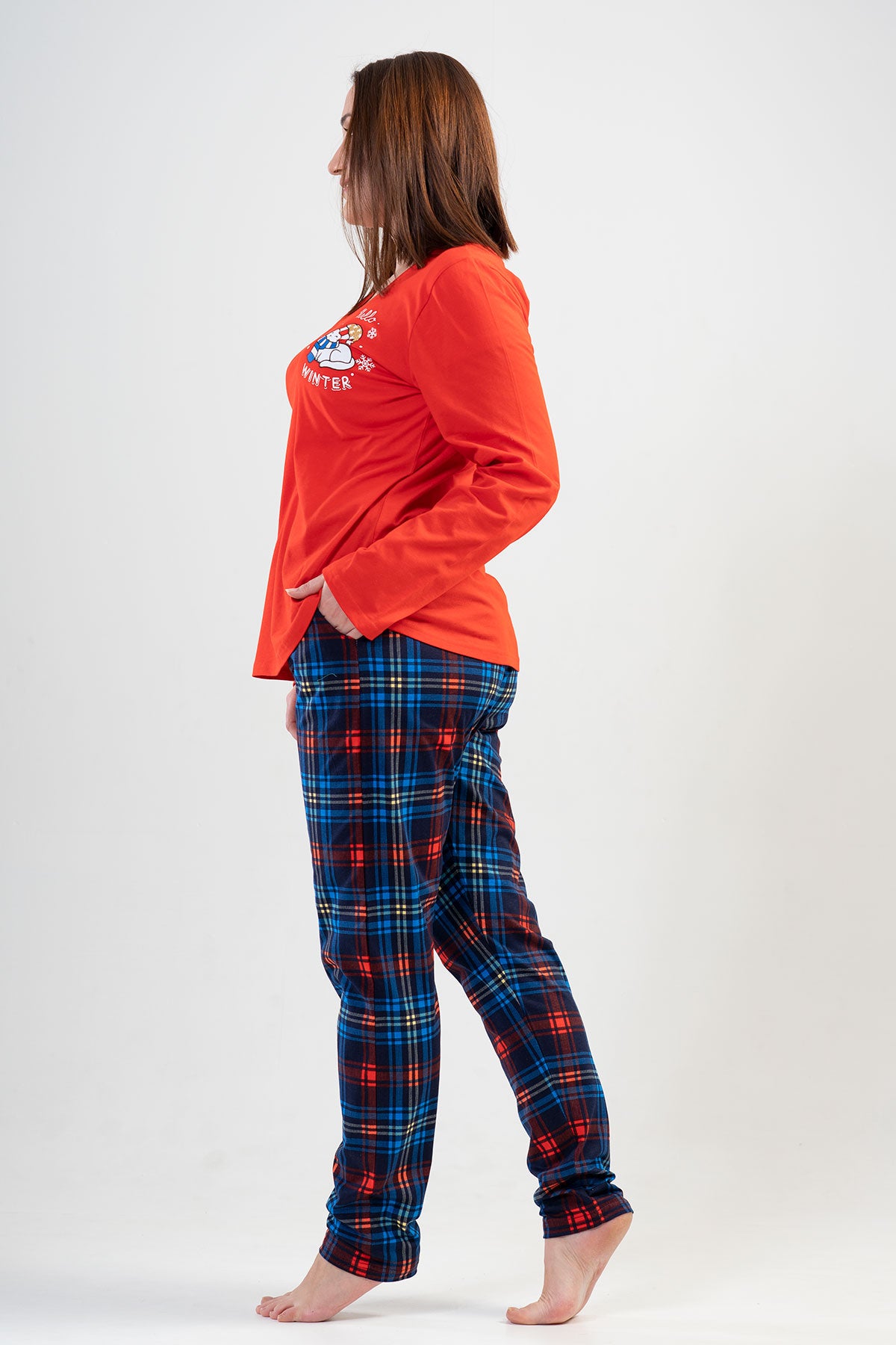 PIJAMA DAMĂ P.SUPREM XXL GULER LA BAZA GÂTULUI MÂNECĂ LUNGĂ CU BUZUNARE OVALE PE FUSTĂ - Y.NARCICEK