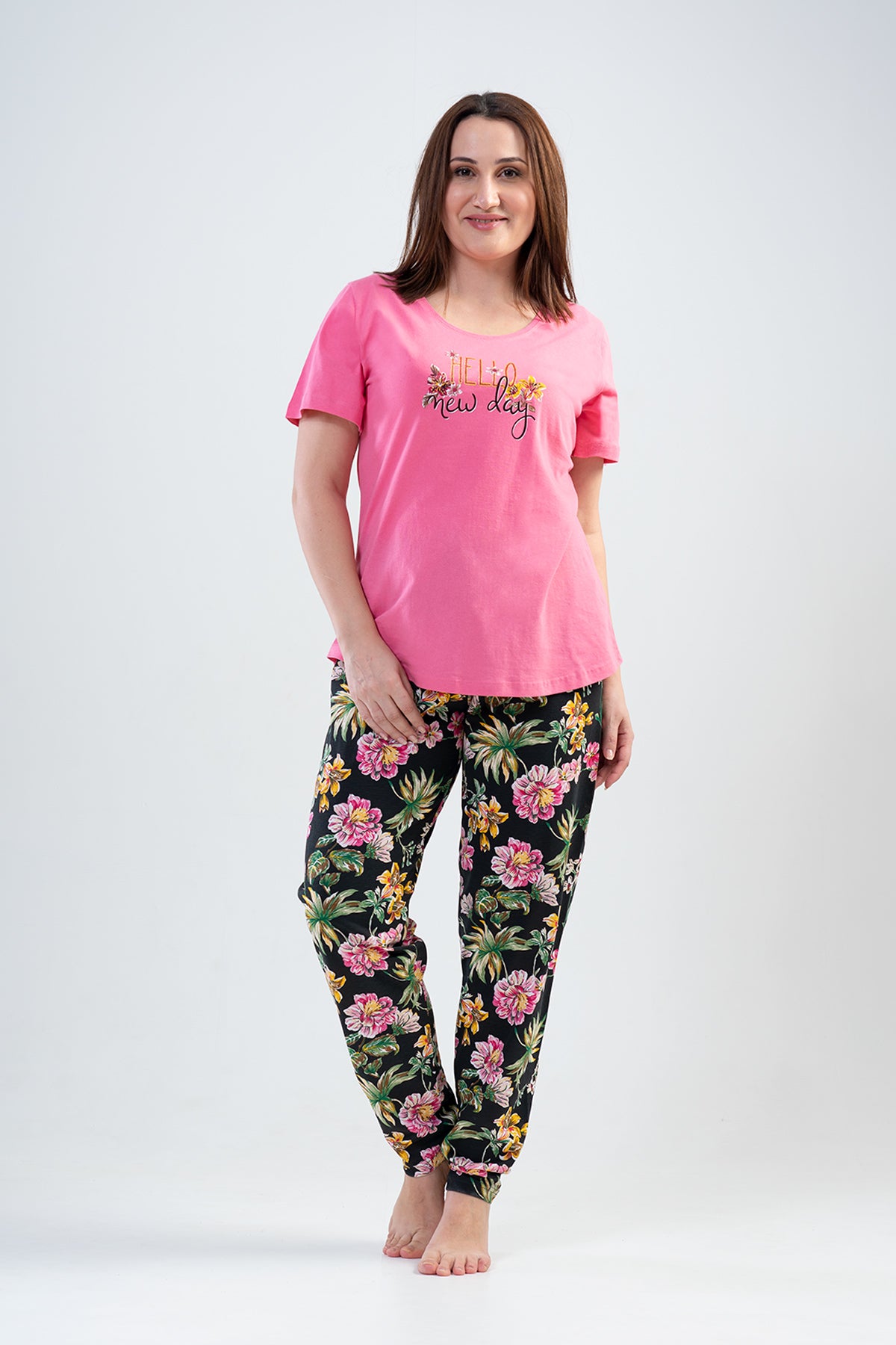 DOAMNA P.SUPREM XXL Guler Rotund Mânecă Scurtă T.Pijama Cu Margine Ovală - SWEETPINK