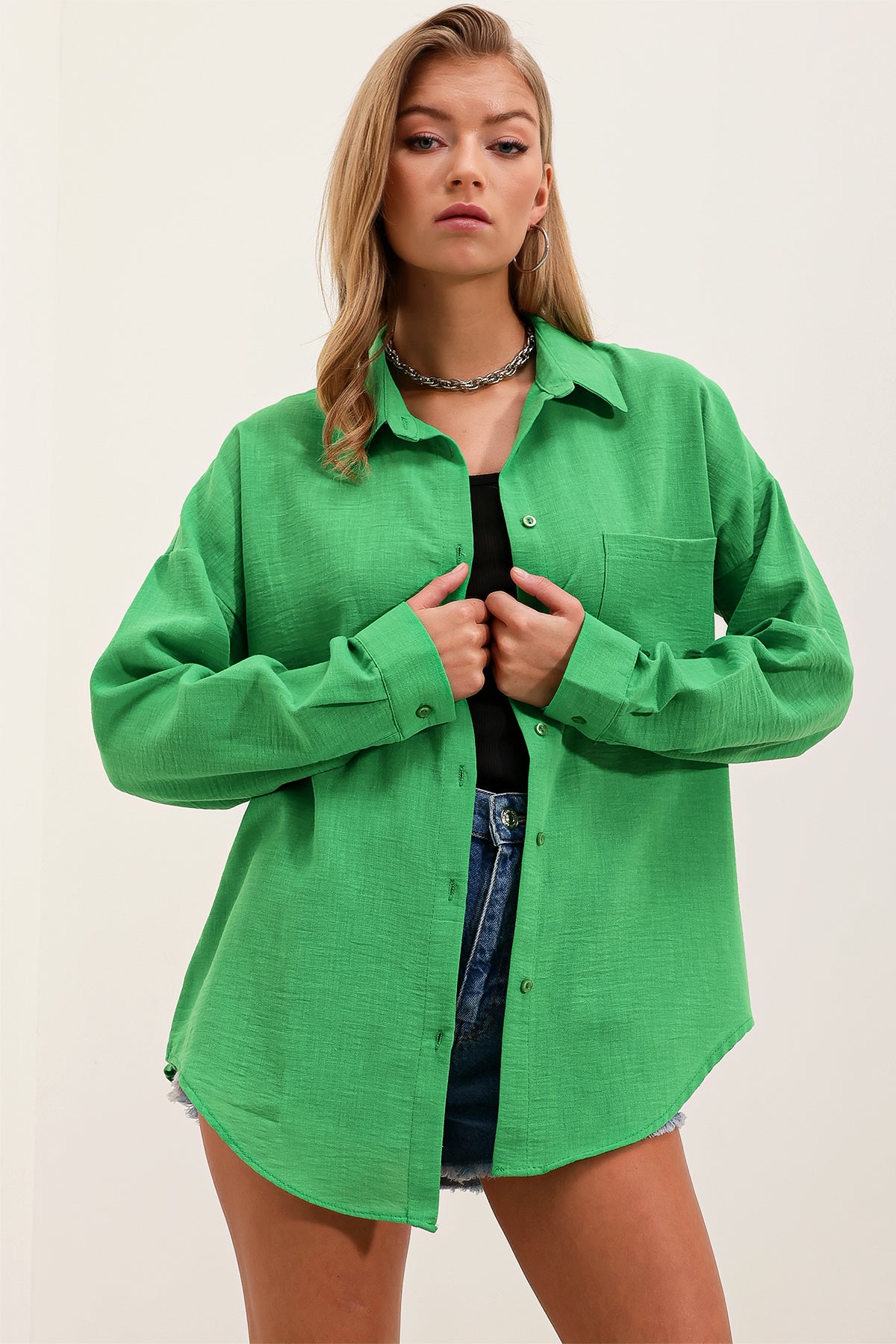 Tek Cepli Oversize Keten Gömlek - Yeşil
