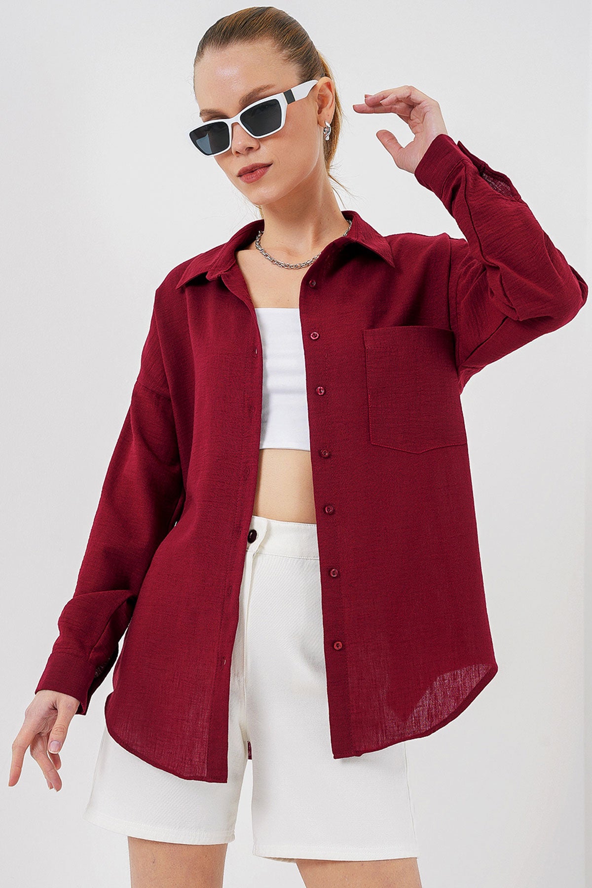 20153 Camasa din in oversize cu o buzunar - Bordo