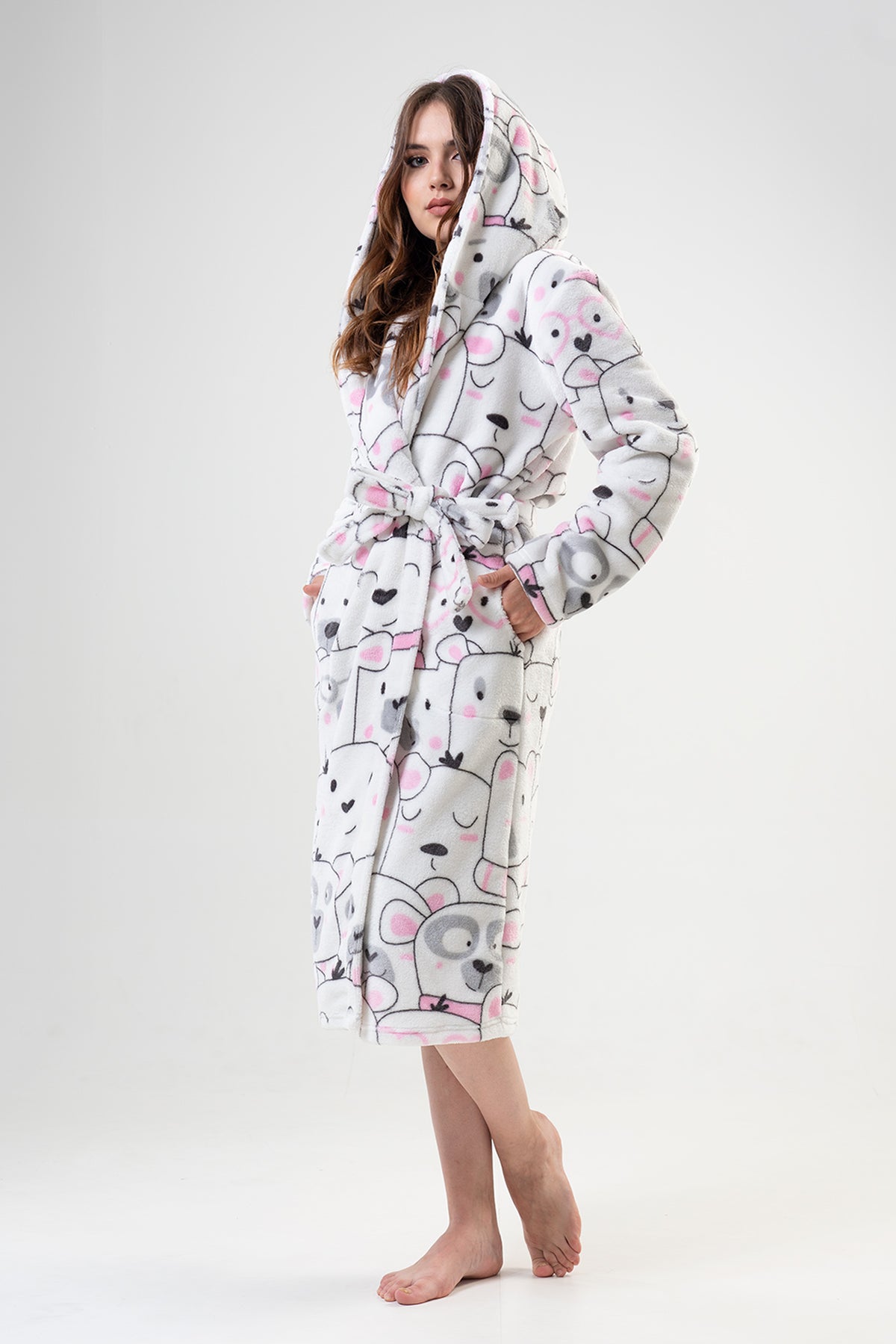 KADIN SOFT KAPSONLU UZUN KOL CEPLI UZUN SABAHLIK - WHITE
