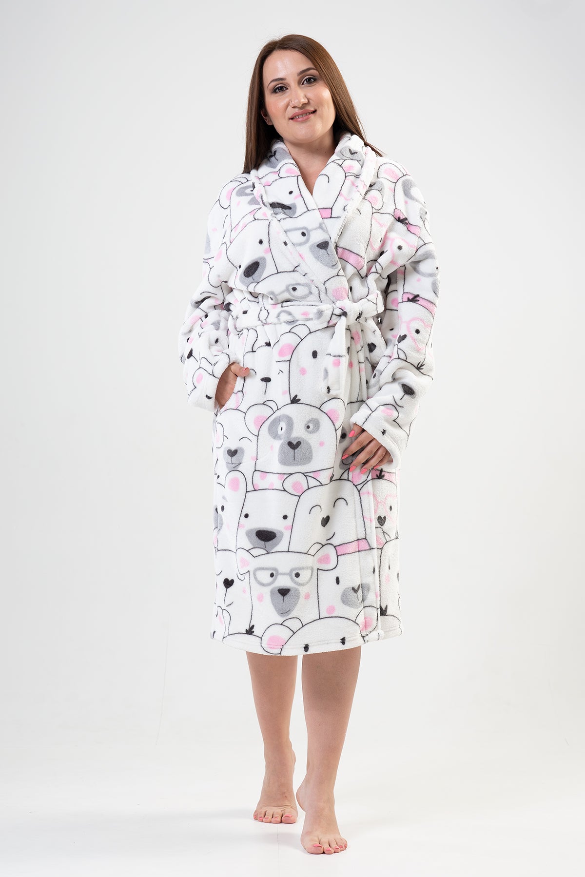 HALAT DE BAIE DAMĂ SOFT XXL CU GULER ȘAL, MÂNECĂ LUNGĂ ȘI BUZUNARE LUNGI - ALB STRĂLUCITOR