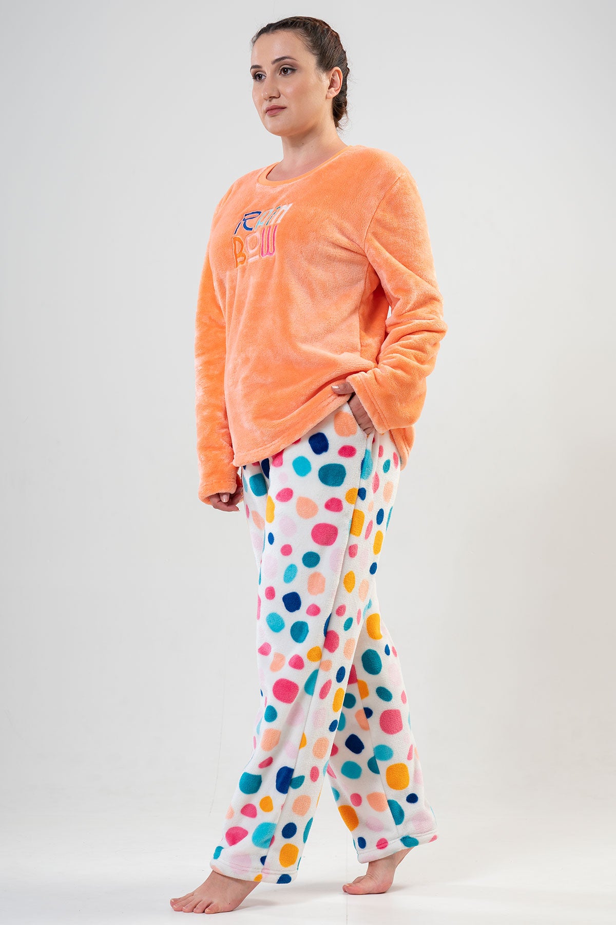 Pijama damă SOFT XXL, guler rotund, mânecă lungă, tiv oval, buzunare, set - PORTOCALIU