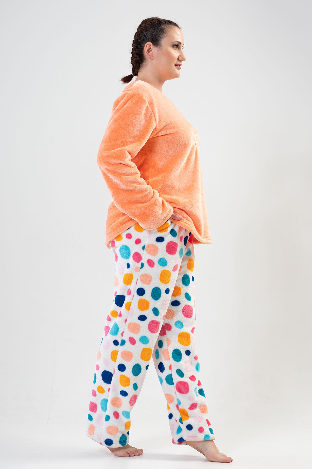 Pijama damă SOFT XXL, guler rotund, mânecă lungă, tiv oval, buzunare, set - PORTOCALIU