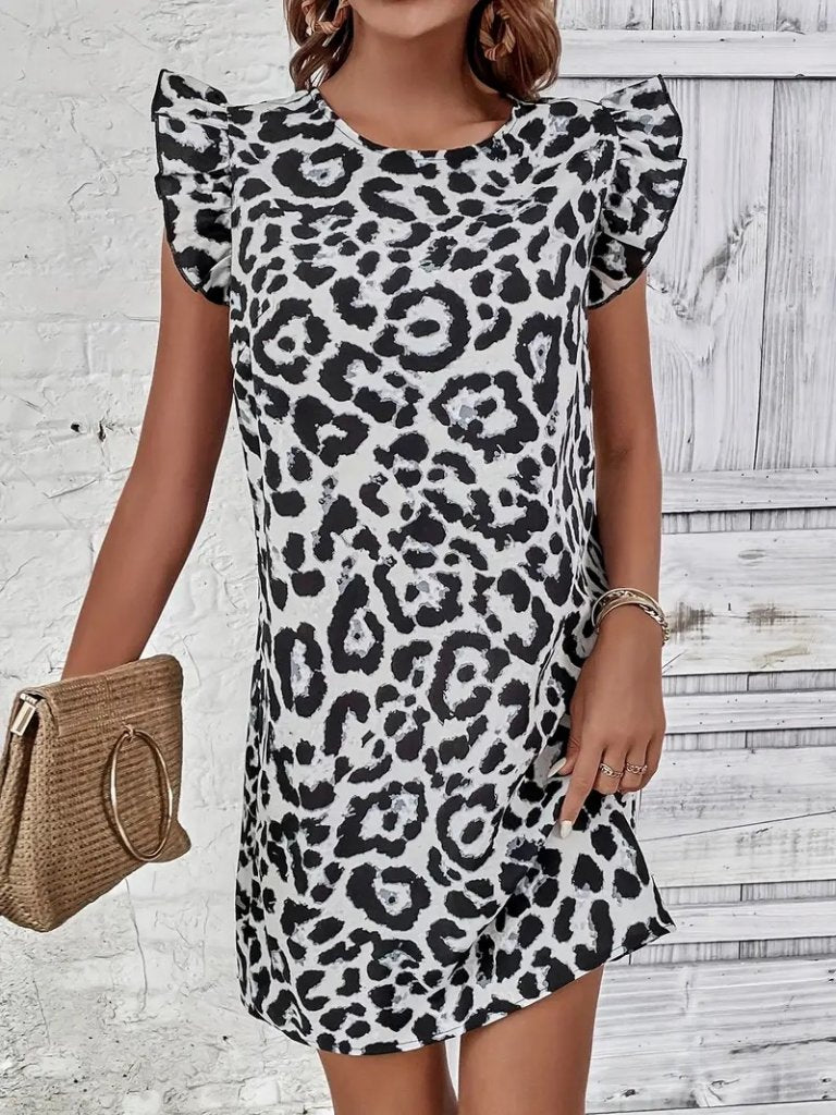 Rochie mini micro fără mâneci, cu mâneci scurte, cu volane, cu legături la spate, cu imprimeu leopard, 26133