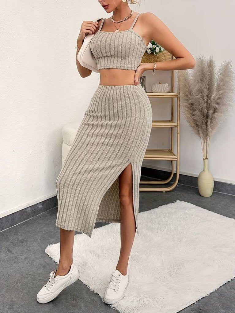 Women's Sleeveless Strappy Crop Top Ribbed Knit Midi Skirt Set, 25437