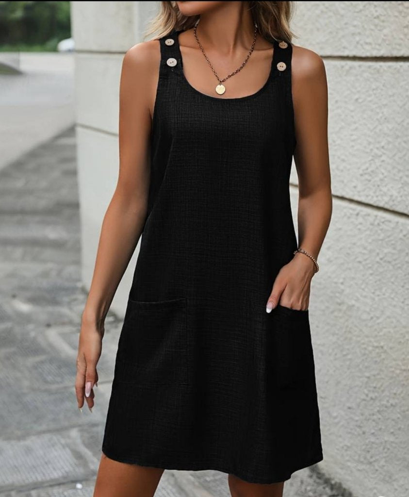 Rochie de damă din in, fără mâneci, cu bretele groase și nasturi, 33563
