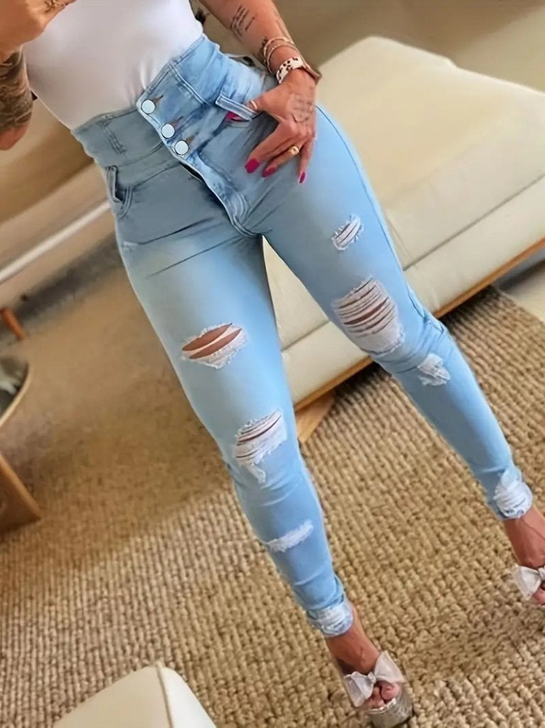 Women's High Waist Button-Front Distressed Denim Pants, 27090