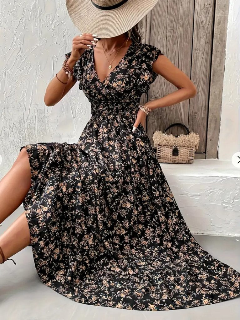 Rochie damă, cu mânecă scurtă, decolteu petrecut, elastic în talie și imprimeu floral, 35770