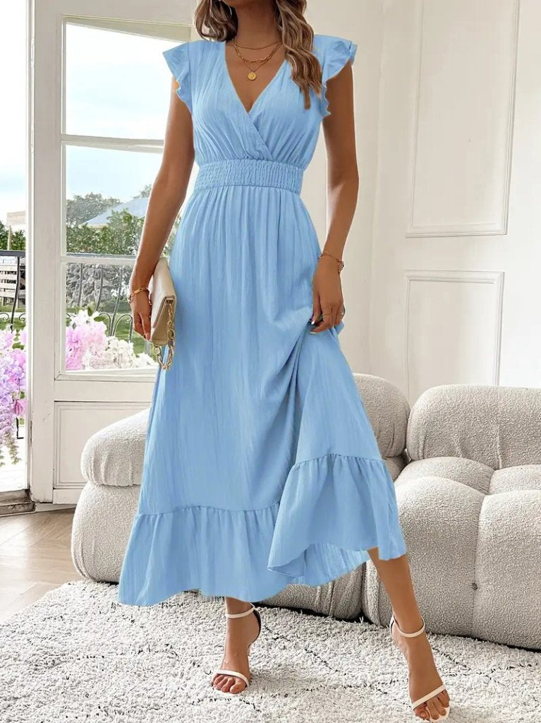 Women's Short Sleeve Wrap Neck Elasticated Waist Muslin Dress, 32644