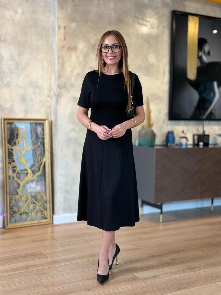 Rochie midi din viscoză cu două fire, cu mânecă scurtă și guler rotund, pentru femei, 24704