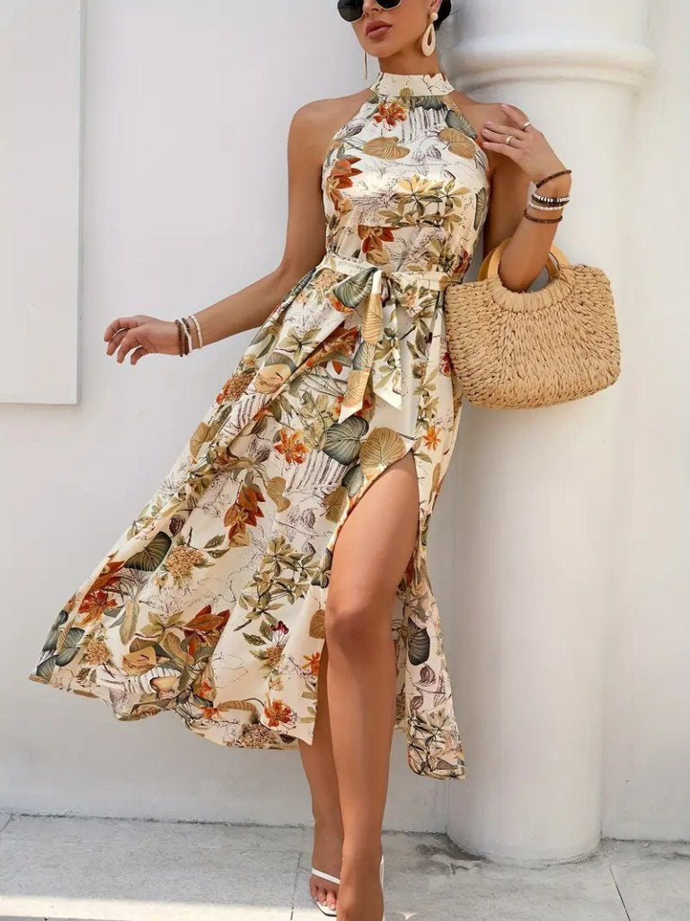 Women's Off-the-Shoulder Halter Neck Slit Floral Print Supreme Dress, 33492