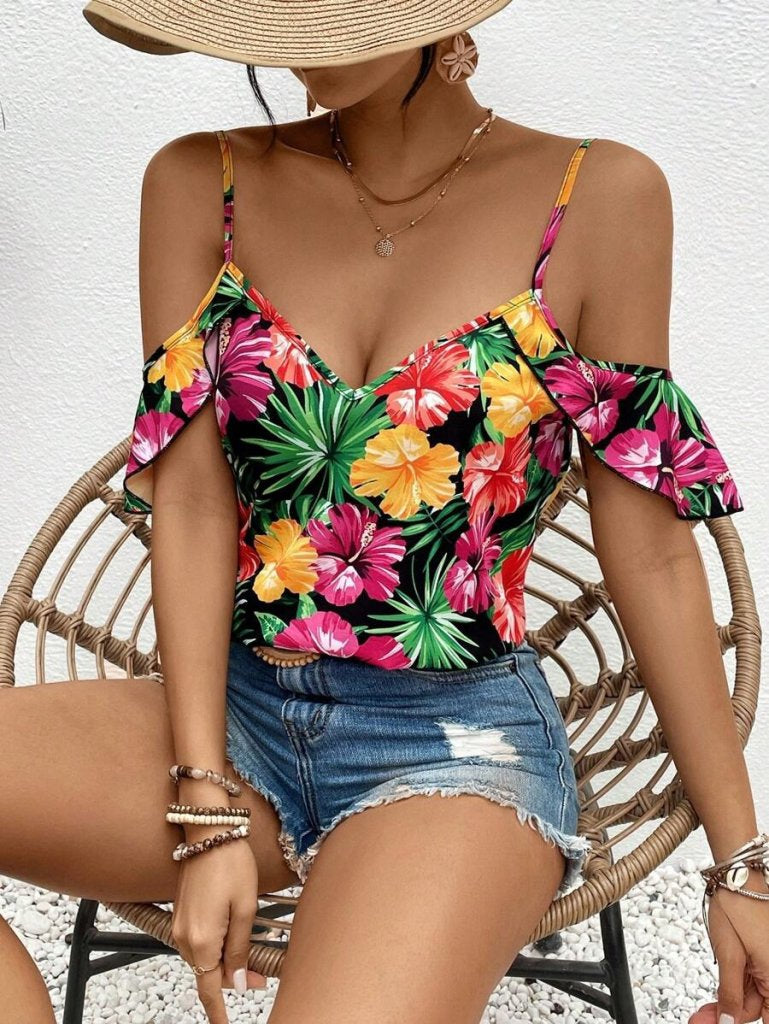 Bluză de damă cu bretele, fără umeri, cu imprimeu floral, 34474