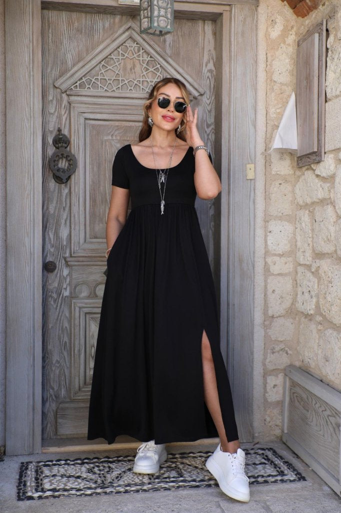 Rochie lungă de damă, cu mânecă scurtă, guler rotund, șliț în față și buzunare, din viscoză, 26461