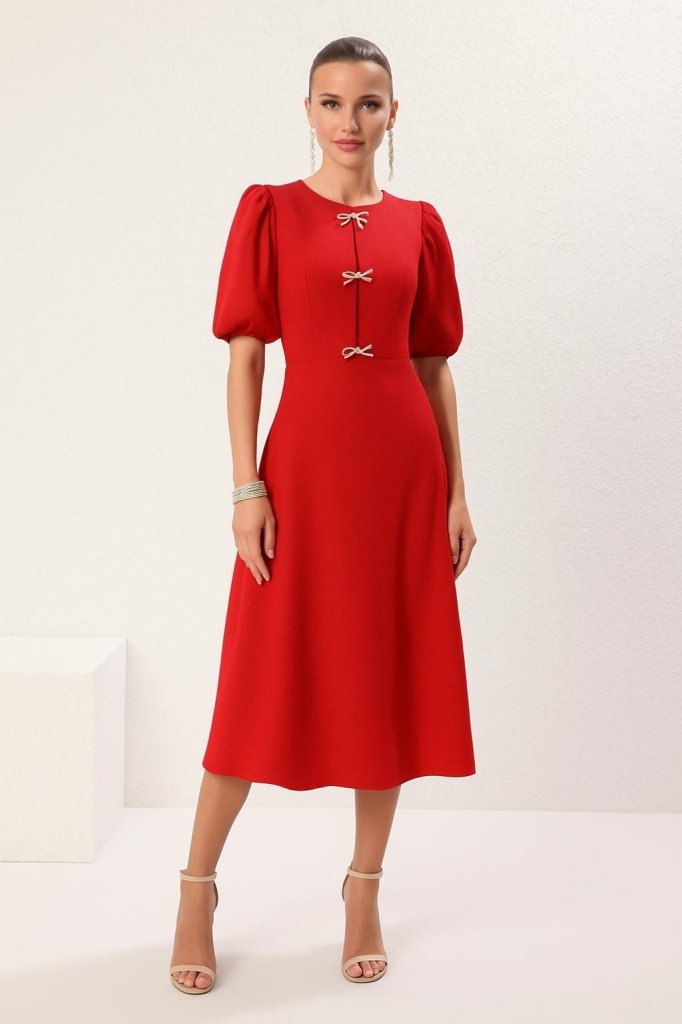 Women's Short Sleeve Drop Bow Detail Flared Imported Crepe Midi Dress, 27015