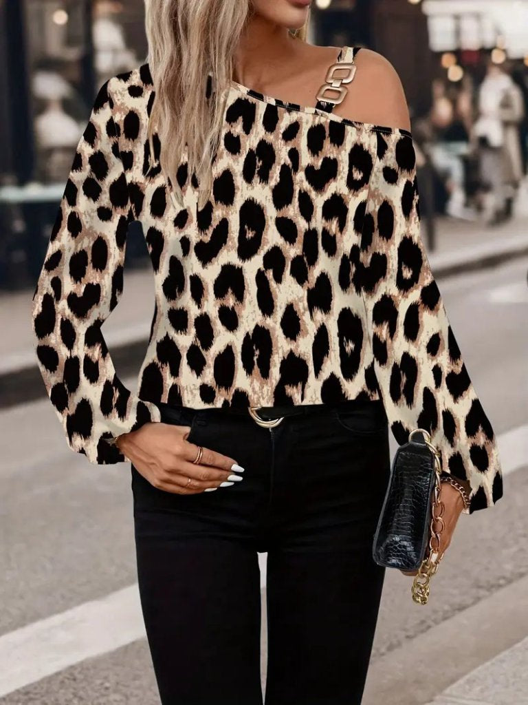 Bluza modal cu imprimeu leopard, mâneci lungi, umăr gol cu catarame, pentru femei, 27189