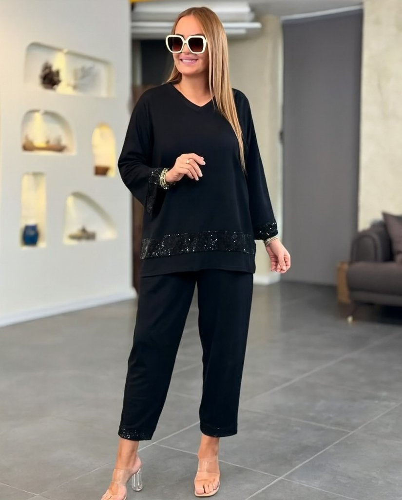 Set de două piese: Bluză cu mâneci lungi și gât în V cu paiete din viscozã doi fir și pantaloni pentru femei, 28418