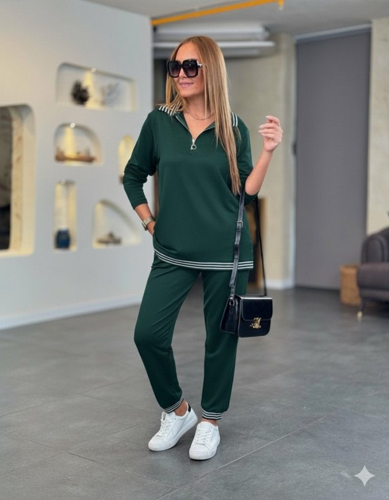 Set Damă Din Două Piese, Cu Mânecă Lungă, Cu Fermoar, Detalii Bandă, Model Vâscoză, 28547